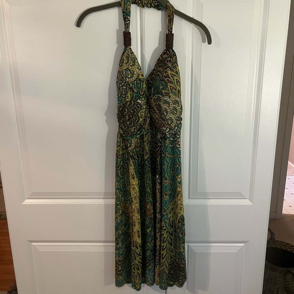 Shoreline Peacock Feather Patterned Halter Dress w/ Beaded Detail- Small/Medium